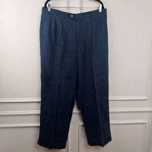 New Gen Mens Navy Blue Pleated Linen Trousers Straight Leg Cuffed Pants 38x34